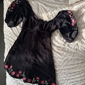 Miami Black Mini Dress with Red Floral Embroidery
